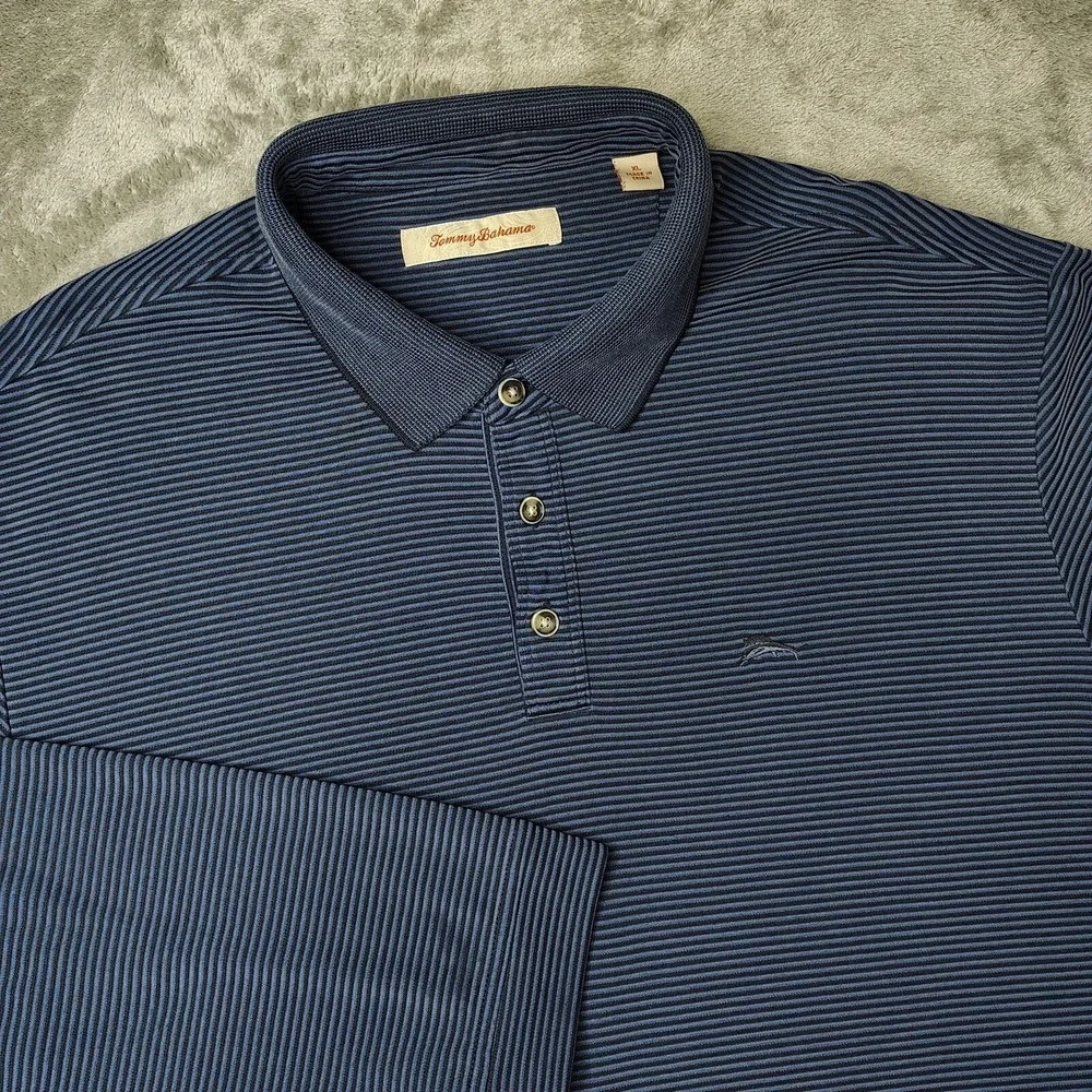 Tommy Bahama Polo Shirt Mens XL Blue‎ Ribbed Long Sleeve Marlin Logo Knit